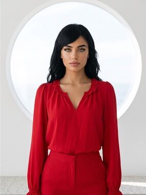 BLOUSOLOGY Women's Red Ruffle-Trim V-Neck Blouse